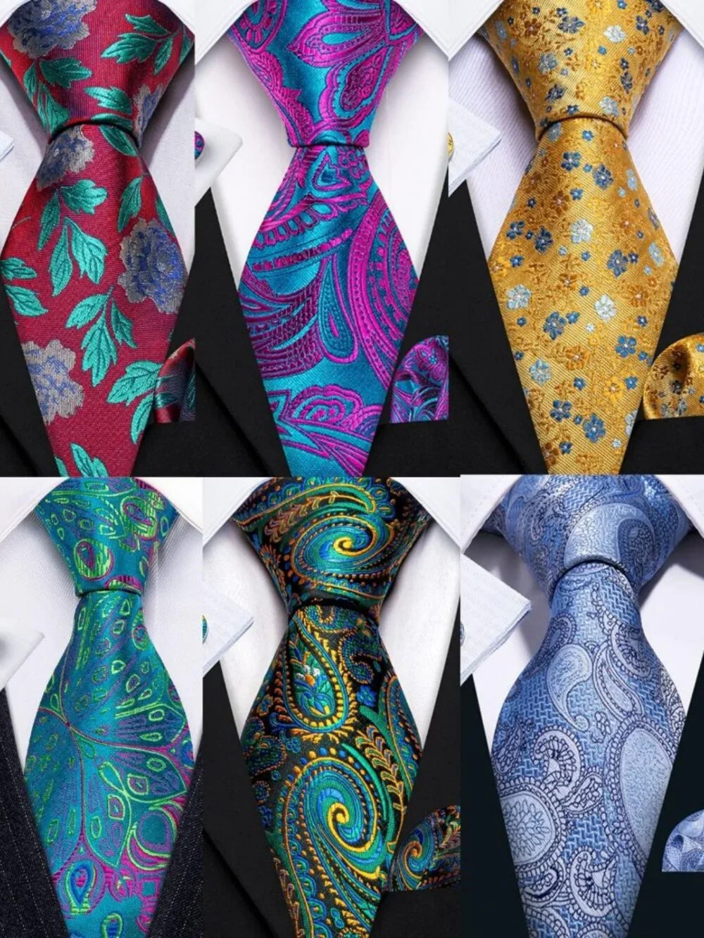 6 PCS Men's Silk Tie Set - Woven Neckties, Handkerchiefs & Cufflinks for
